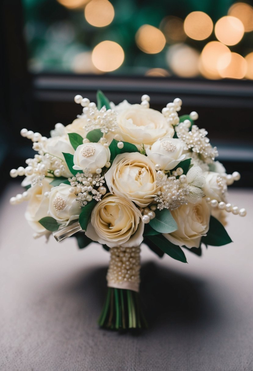 A vintage wedding bouquet with pearl embellishments and floral design