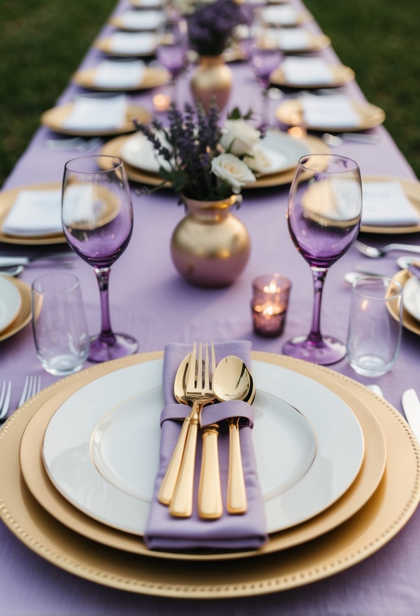 Lavender and gold utensils arranged on complement tables for a wedding