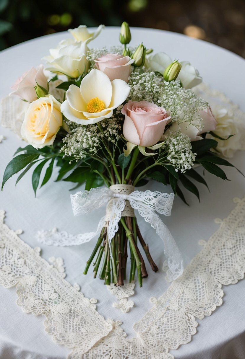 A delicate bouquet of gardenias, roses, and baby's breath tied with lace ribbon, resting on a vintage lace table runner