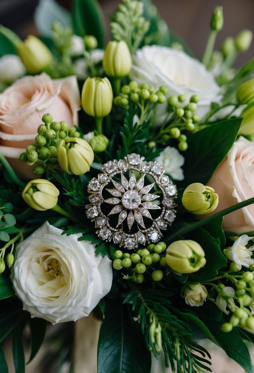 A vintage brooch adorns a lush floral arrangement, inspiring ideas for a vintage wedding bouquet