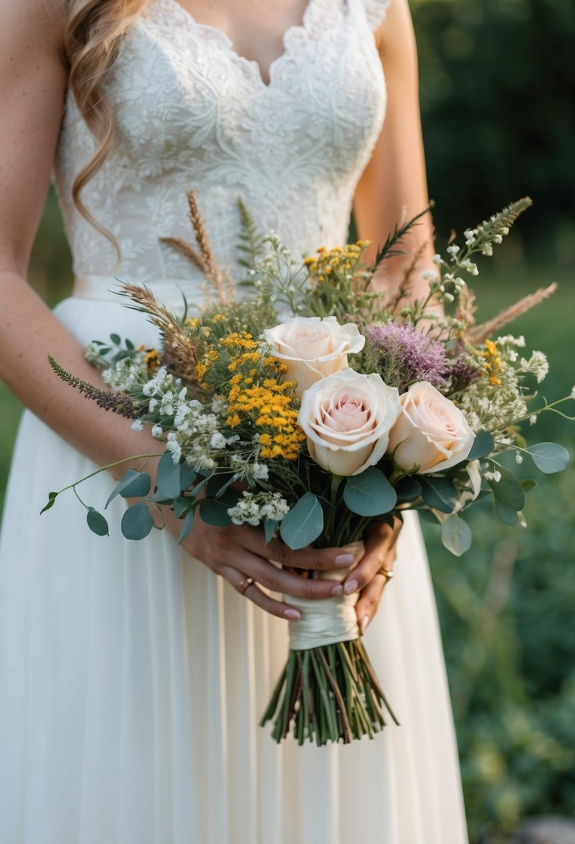 A vintage wedding bouquet featuring a combination of wildflowers and roses, arranged in a rustic, romantic style