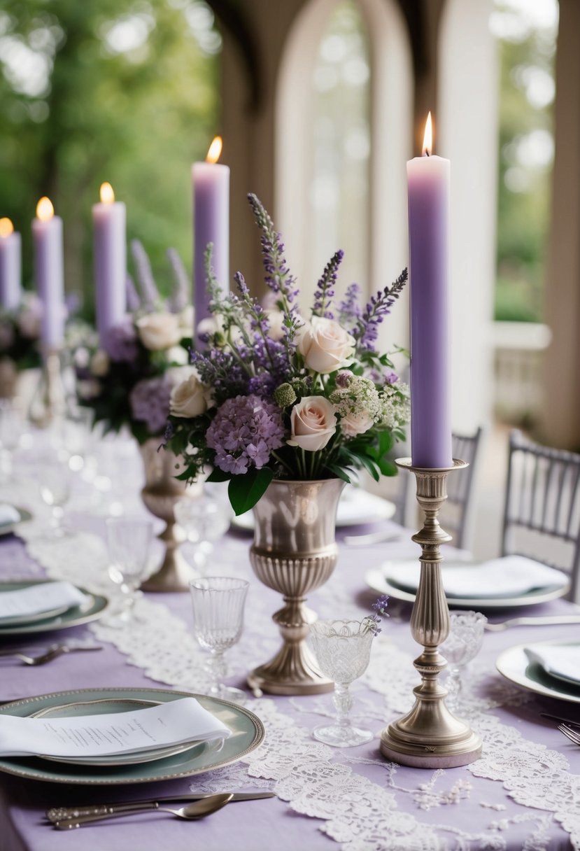 A vintage-inspired wedding table adorned with lavender lace overlays, delicate floral centerpieces, and antique silver candle holders