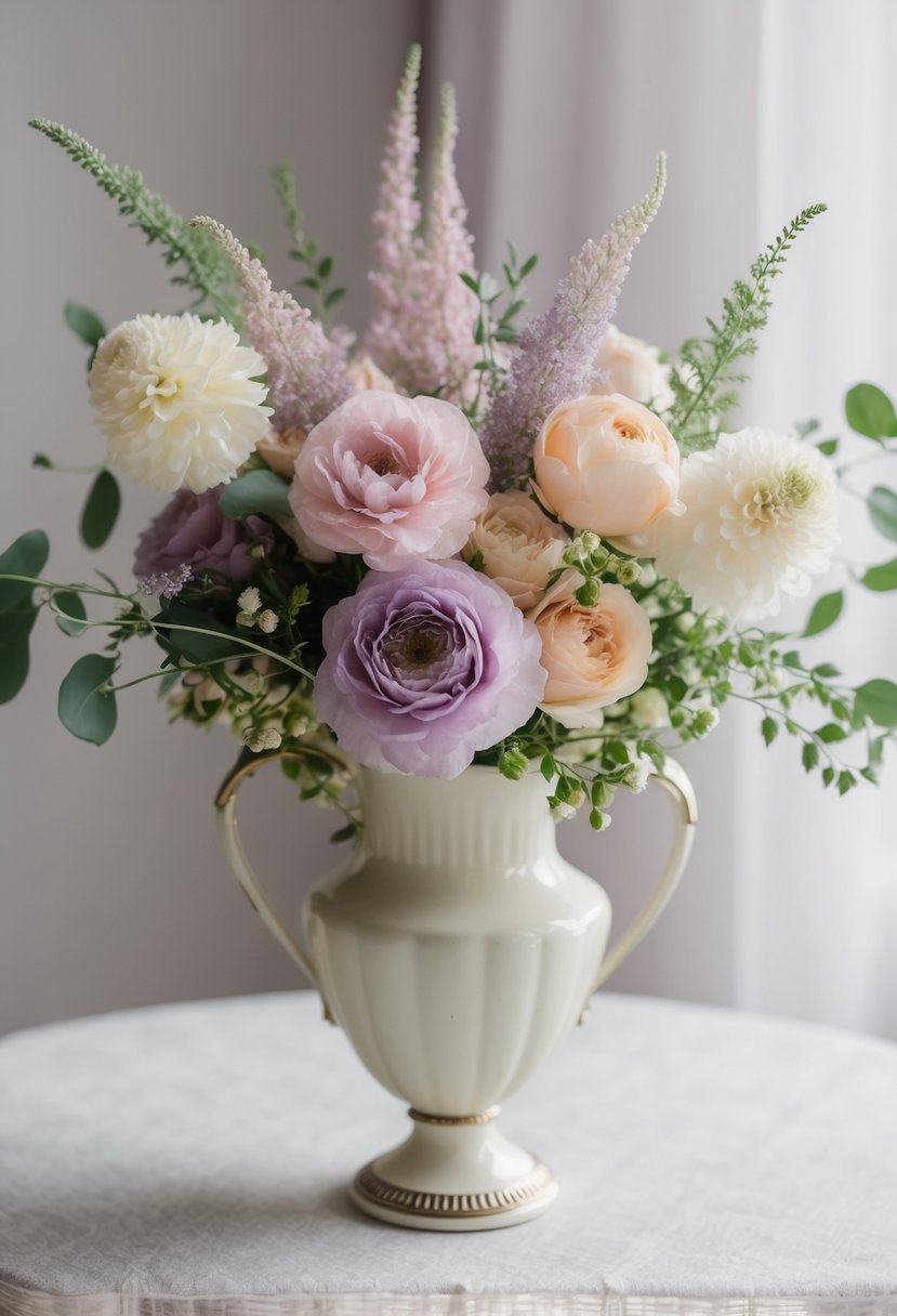 A delicate pastel floral arrangement in a vintage vase, featuring muted tones of pink, lavender, and cream with hints of greenery