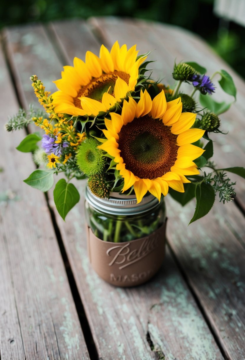 A rustic sunflower bouquet sits in a mason jar on a weathered wooden table. Wildflowers and greenery add to the vintage charm