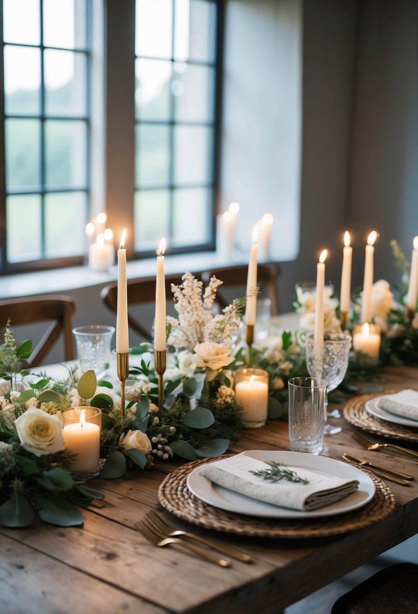 A rustic wooden table adorned with soft candlelight, delicate floral arrangements, and subtle greenery