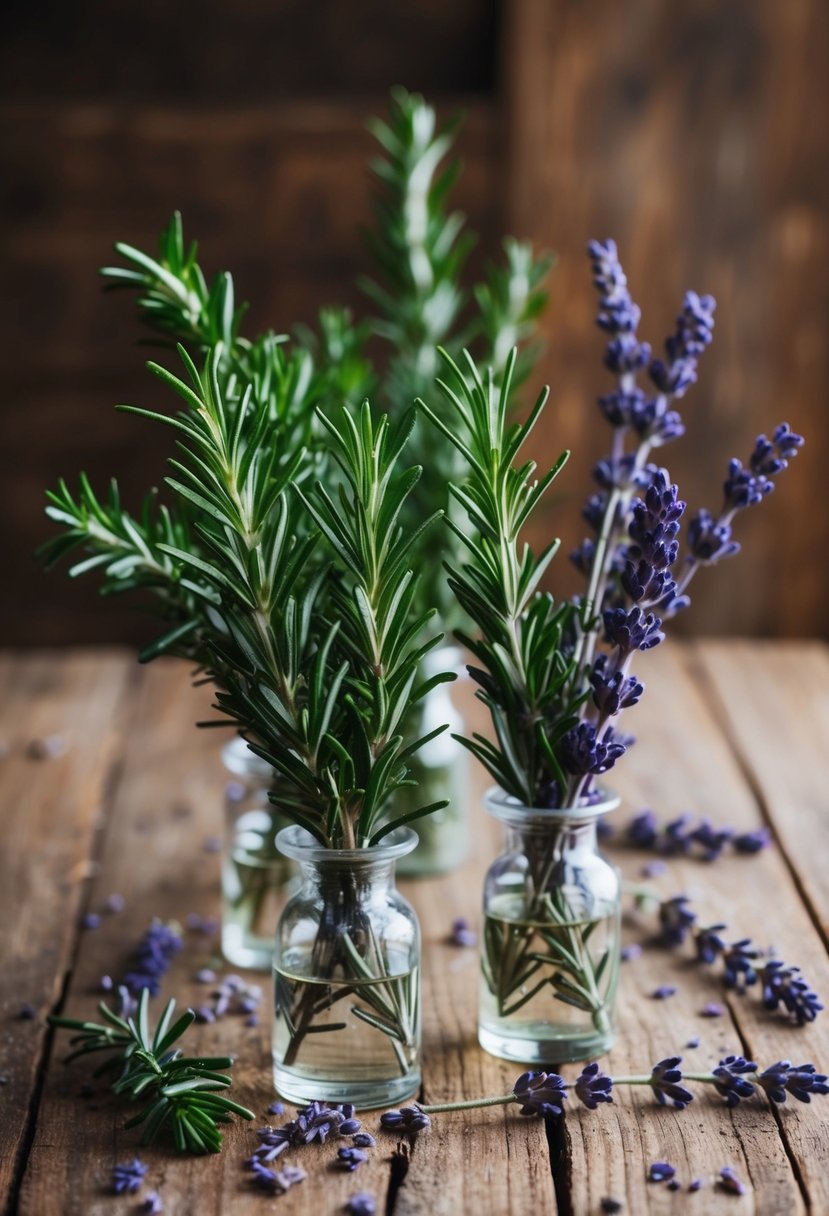 Rosemary and lavender sprigs arranged in small vases, scattered across a rustic wooden table