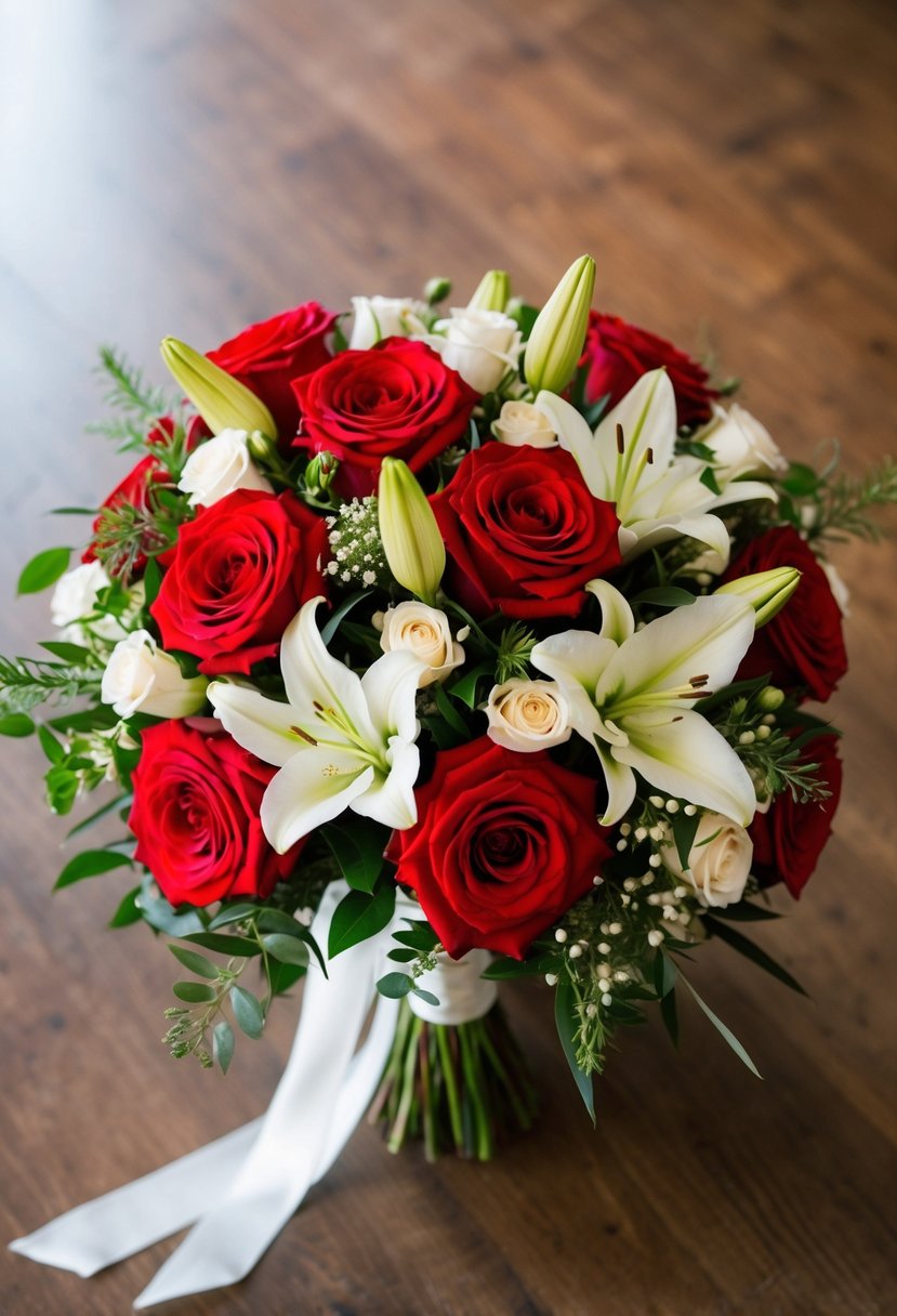 A vibrant red and white wedding bouquet with roses, lilies, and greenery, arranged in a classic round shape with a trailing ribbon