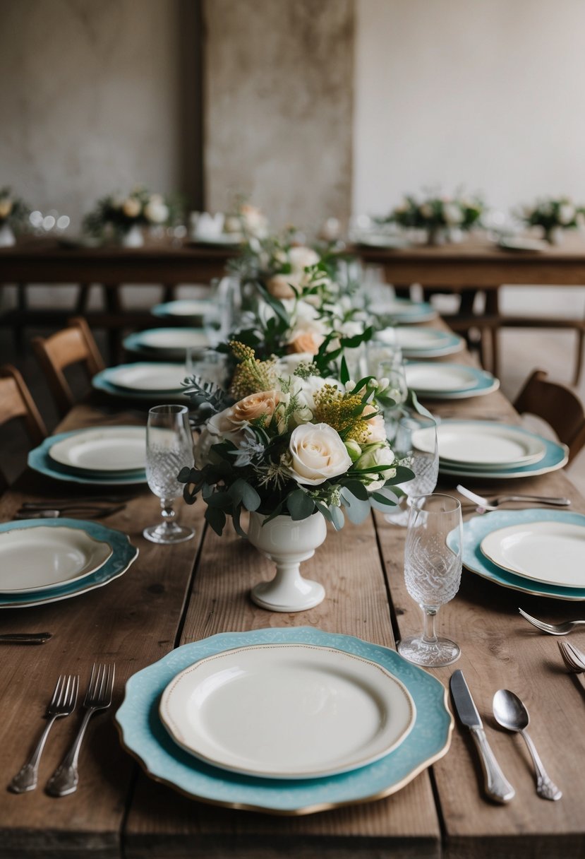 Mismatched vintage plates arranged on a rustic wooden table with simple floral centerpieces for a low key wedding