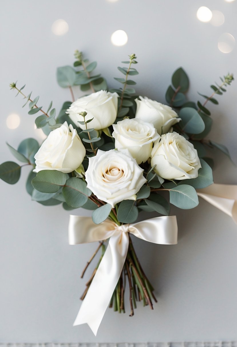 A simple bouquet of white roses and eucalyptus tied with a satin ribbon