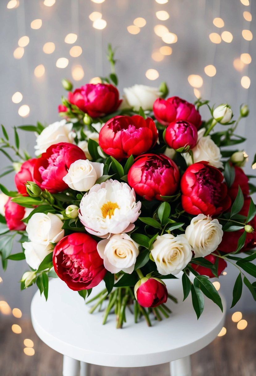 A vibrant bouquet of red peonies and white roses arranged in a delicate, flowing composition