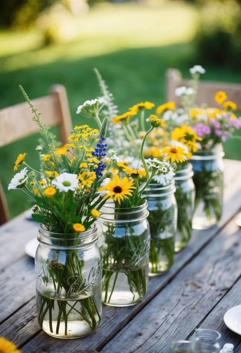 Glass jars filled with wildflowers arranged on a rustic wooden table for a low-key wedding decoration