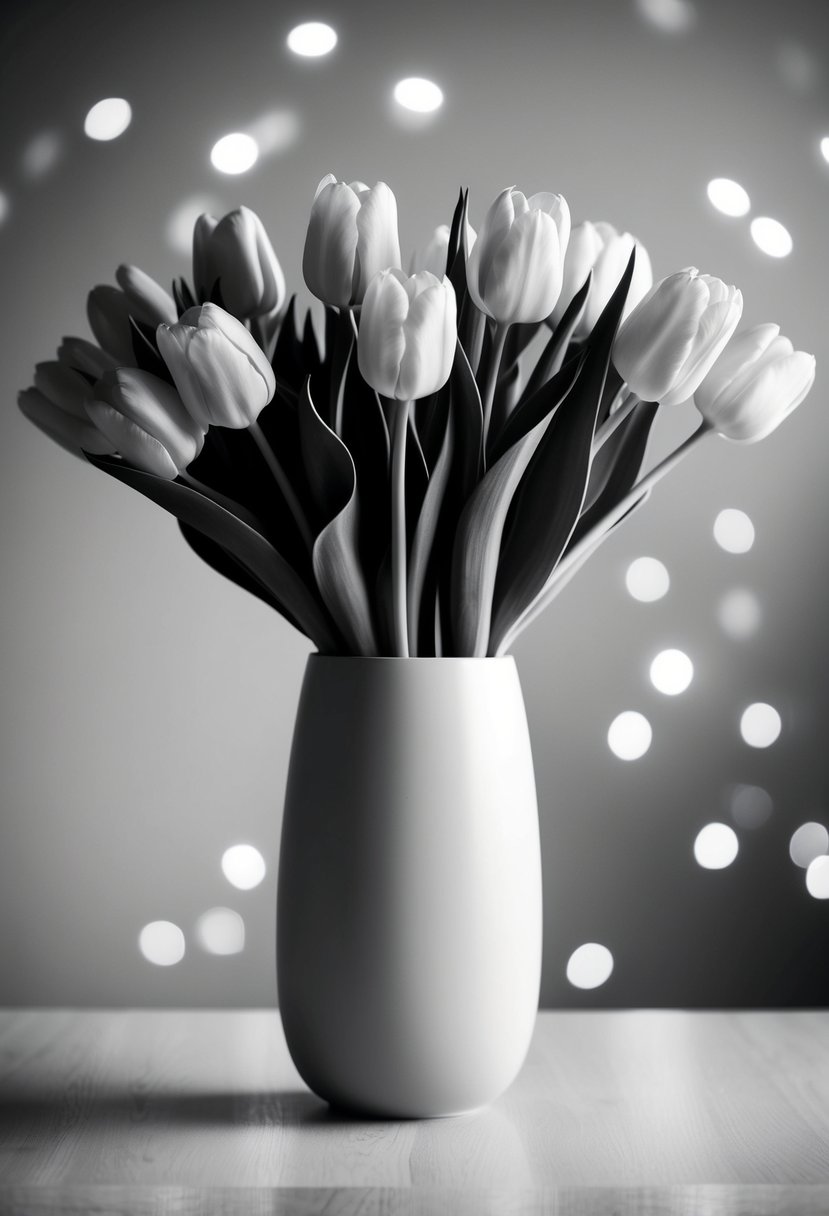 A simple, monochrome tulip bunch arranged in a sleek, modern vase