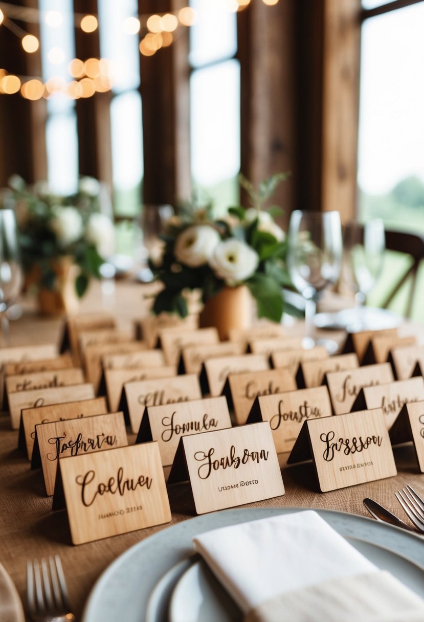 Handcrafted wooden name cards arranged on a rustic table with soft lighting for a low key wedding setting