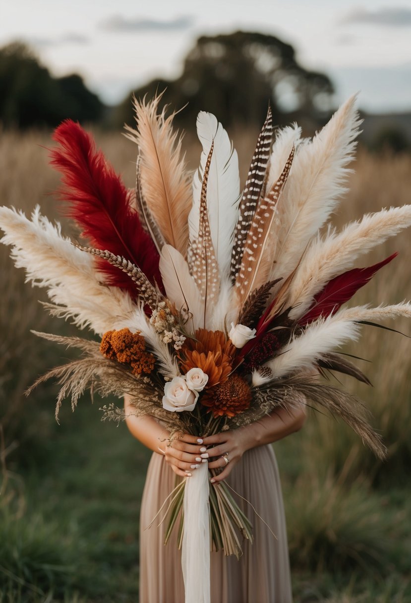 A rustic, bohemian wedding bouquet of red and white pampas grass, feathers, and dried flowers arranged in a loose, natural style