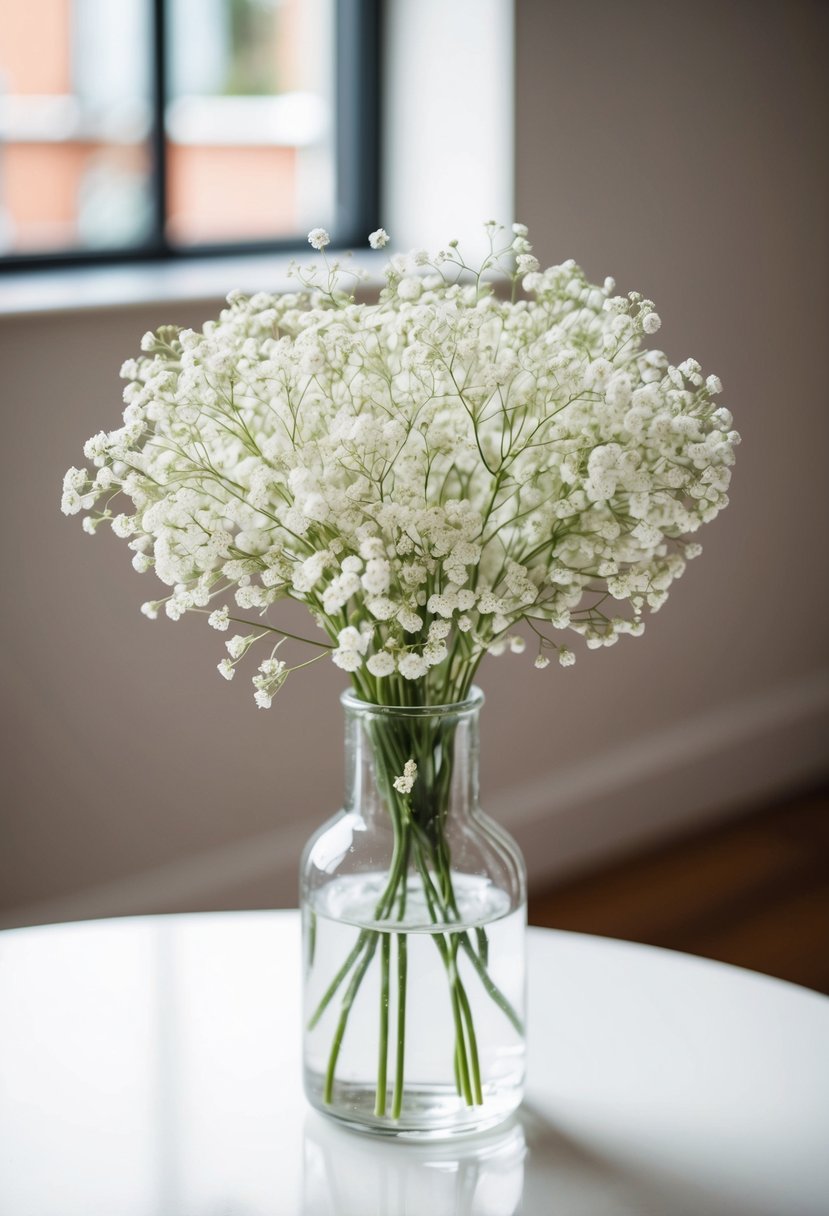 A small bouquet of delicate white baby's breath flowers in a clear glass vase on a white table