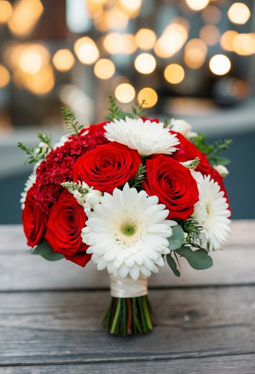 A vibrant red and white wedding bouquet arranged in a classic, elegant style