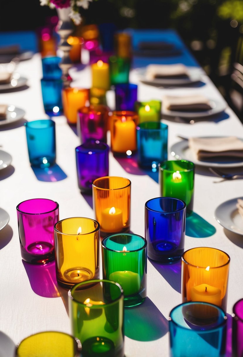 Colorful glass candle holders arranged on a table, casting vibrant hues across the surface, creating a low-key wedding centerpiece