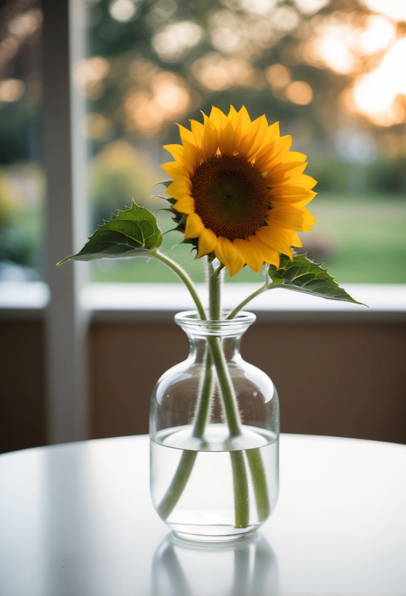 A single sunflower stem in a clear vase on a white table