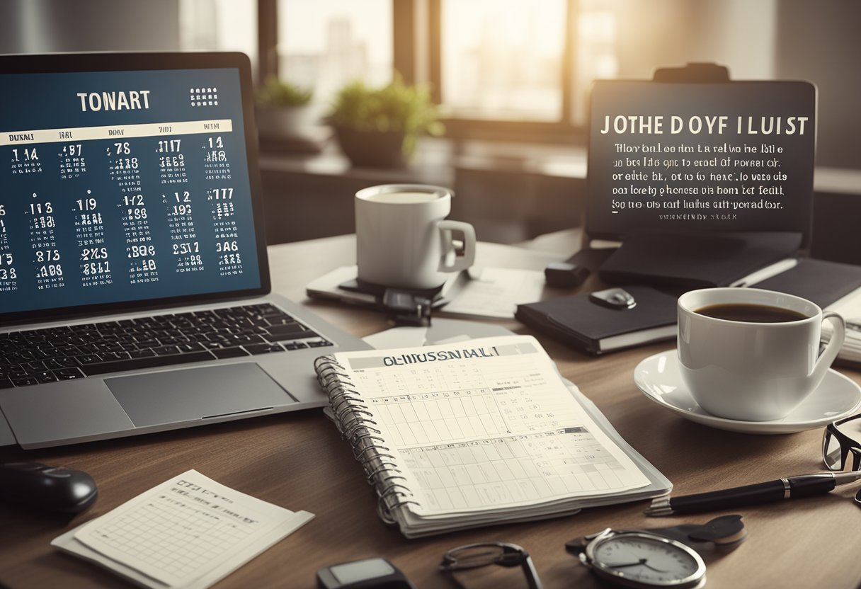 A cluttered desk with a calendar, clock, and crossed-out to-do list, surrounded by motivational quotes and a clear path forward