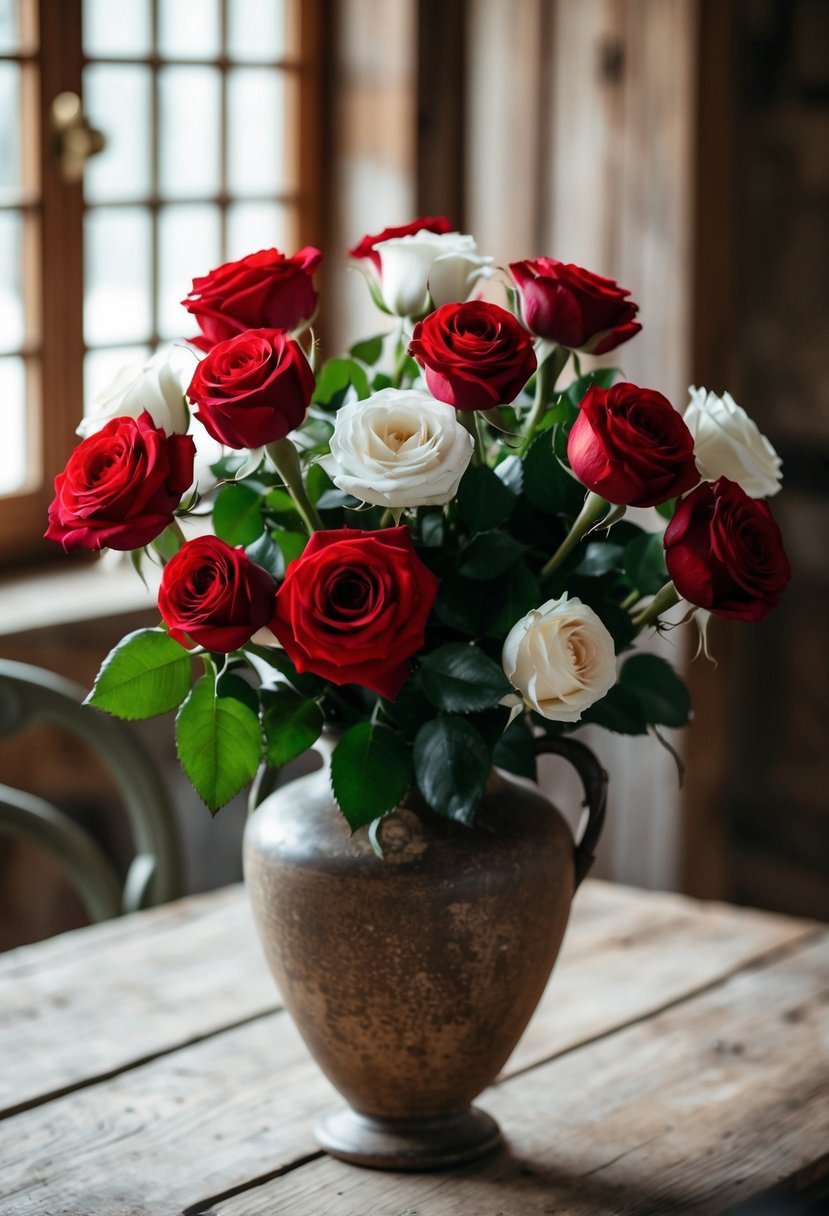 A rustic rose bouquet with red and white flowers arranged in a vintage vase on a wooden table