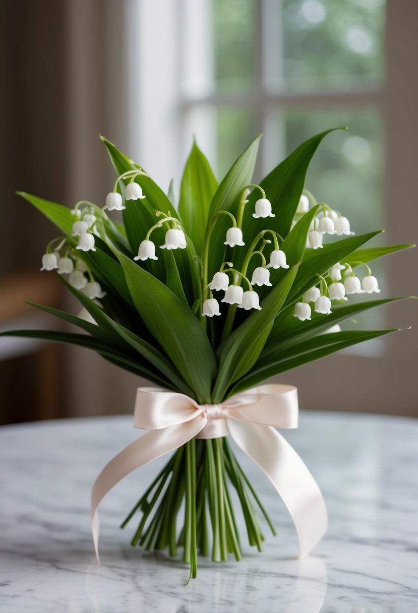 A delicate posy of Lily of the Valley and foliage, tied with a satin ribbon, sits on a marble tabletop