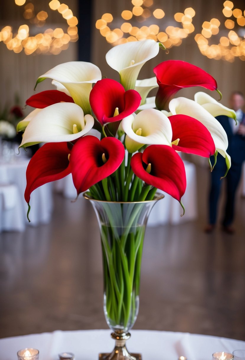 A red and white calla lily wedding bouquet arranged in a tall, elegant vase