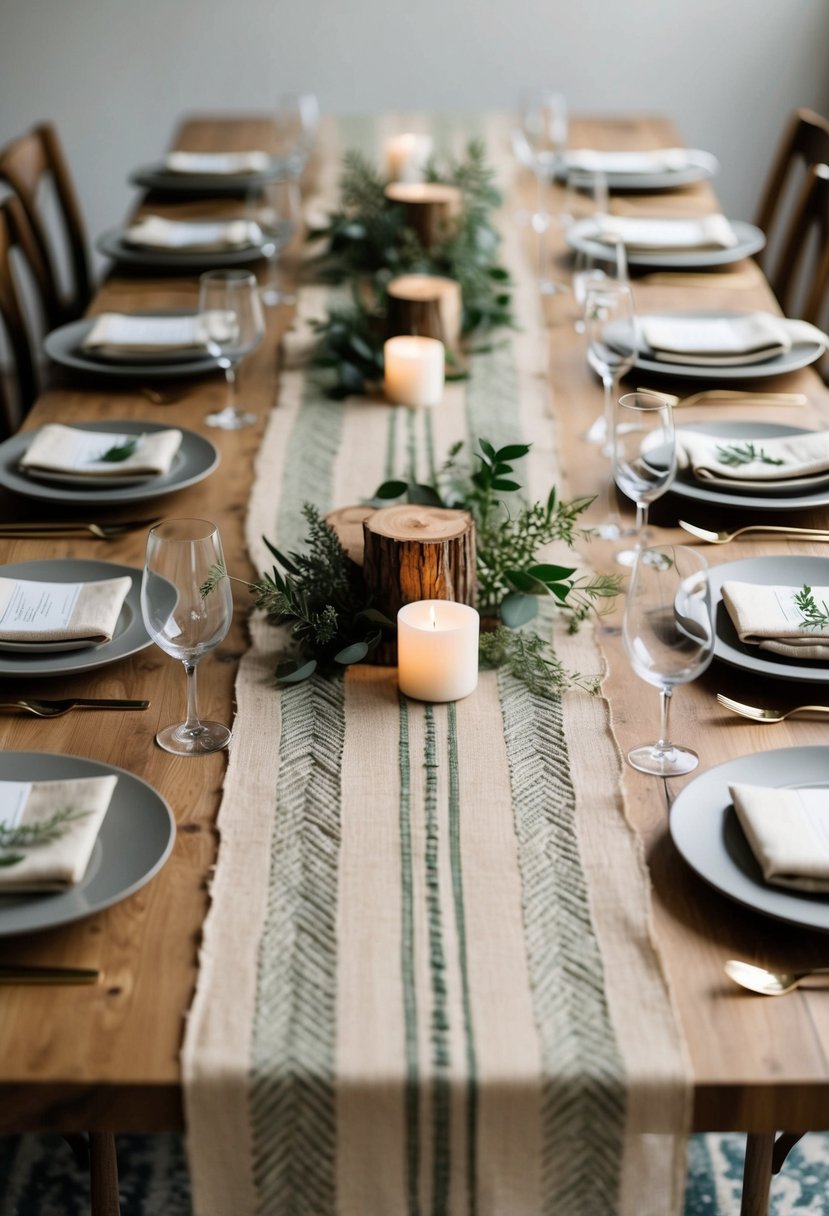 Natural fabric runners in earthy tones adorn low key wedding tables, accented with textured elements like wood, greenery, and simple tableware