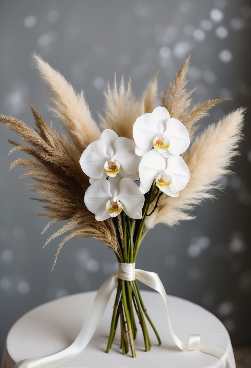 A simple, elegant wedding bouquet featuring white orchids and pampas grass, tied together with a delicate ribbon