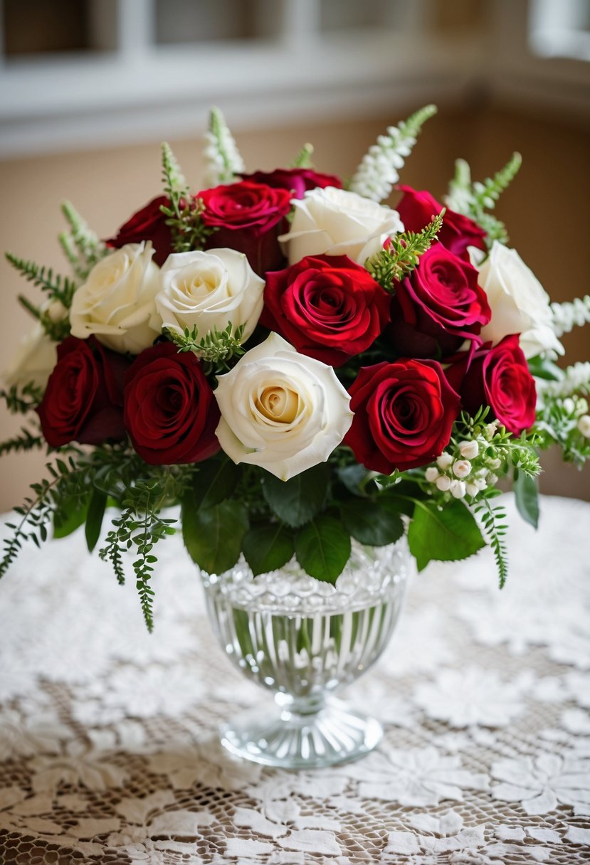 A lush bouquet of red and white roses, accented with delicate greenery, sits in a crystal vase on a lace-covered table