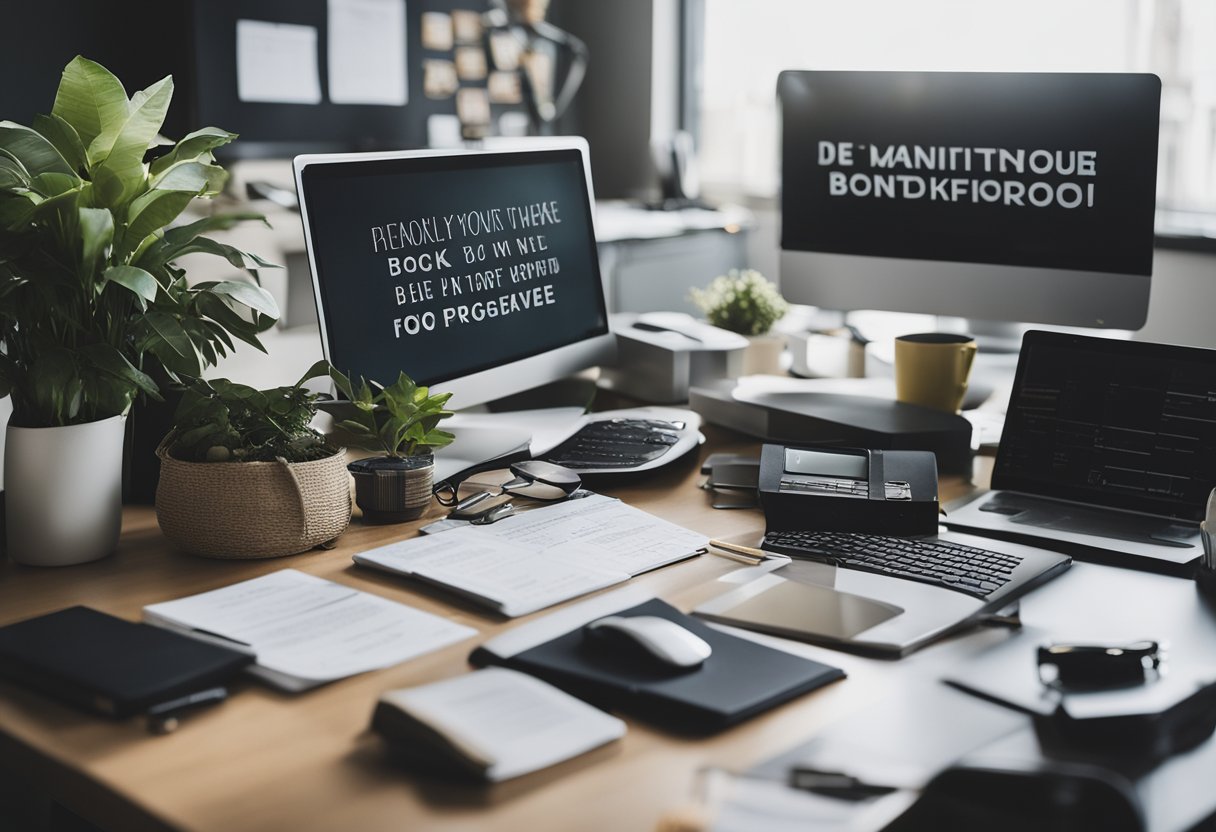 A cluttered desk transformed into an organized workspace with a clear path forward, surrounded by motivational quotes and imagery