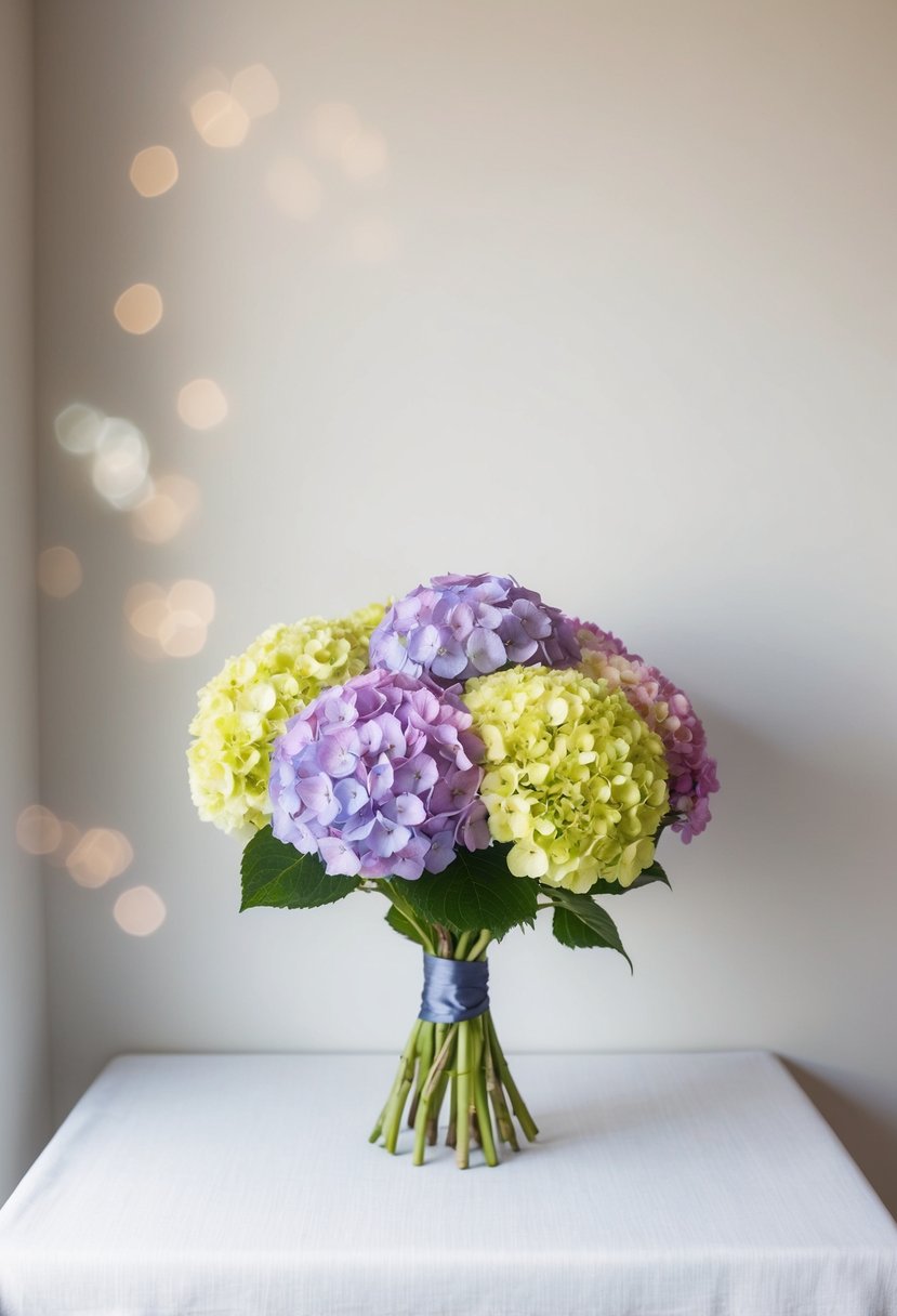 A simple bouquet of vibrant hydrangeas against a clean, neutral backdrop