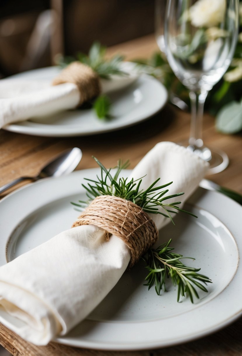 Twine-wrapped napkin rings adorned with sprigs of greenery on a rustic wedding table