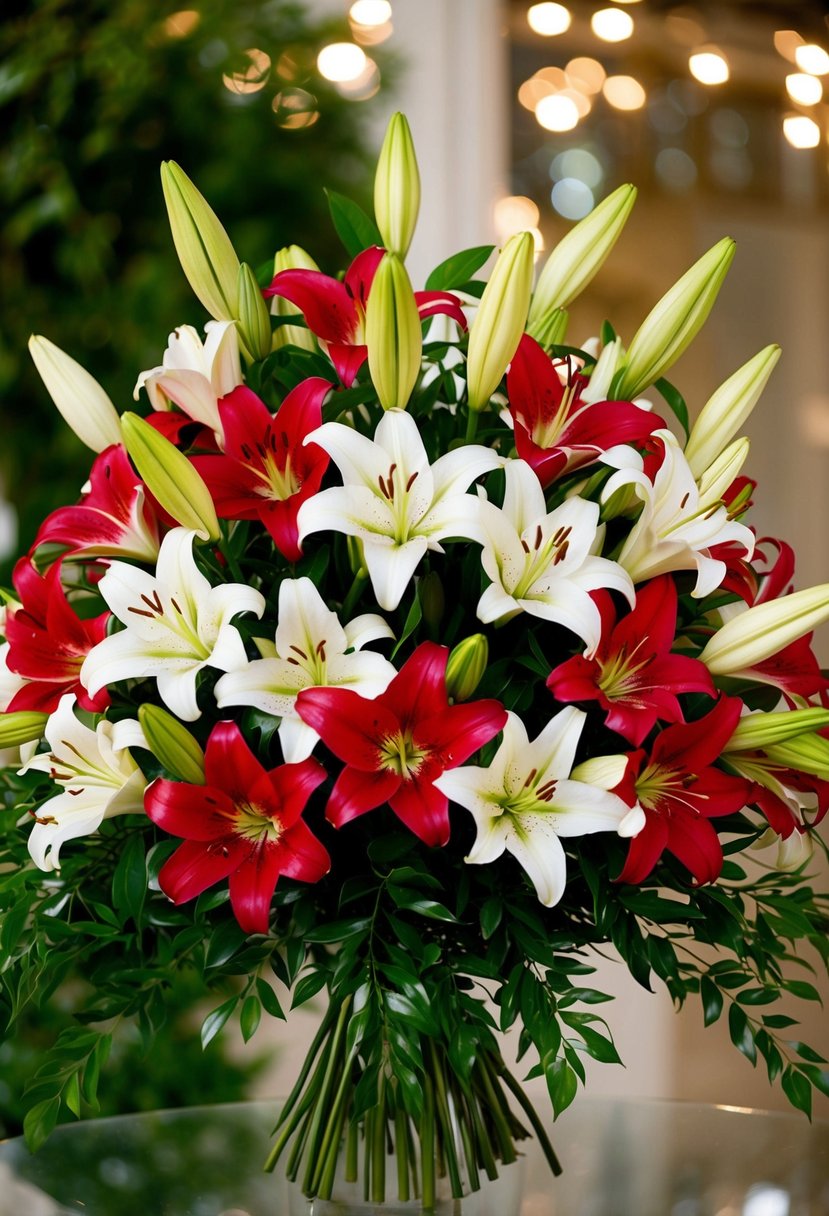 A lush bouquet of red and white lilies intertwined with greenery, arranged in a classic and elegant style