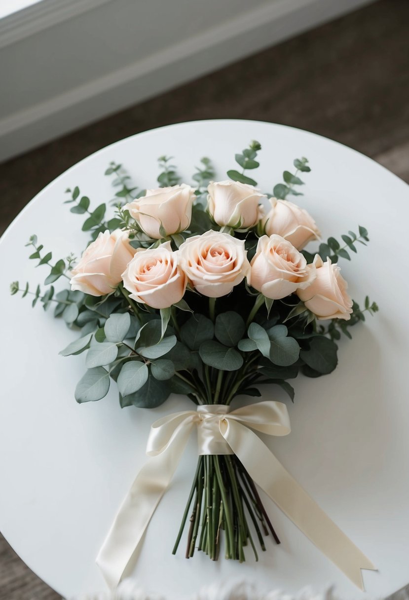 A simple posy bouquet of roses, with soft greenery, tied with a silk ribbon, resting on a clean, white tabletop