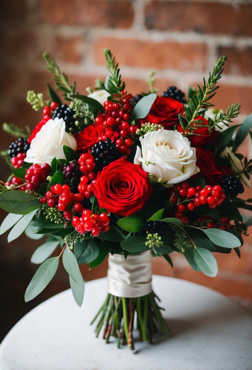 A vibrant red and white wedding bouquet featuring berries, roses, and greenery, arranged in a rustic yet elegant style