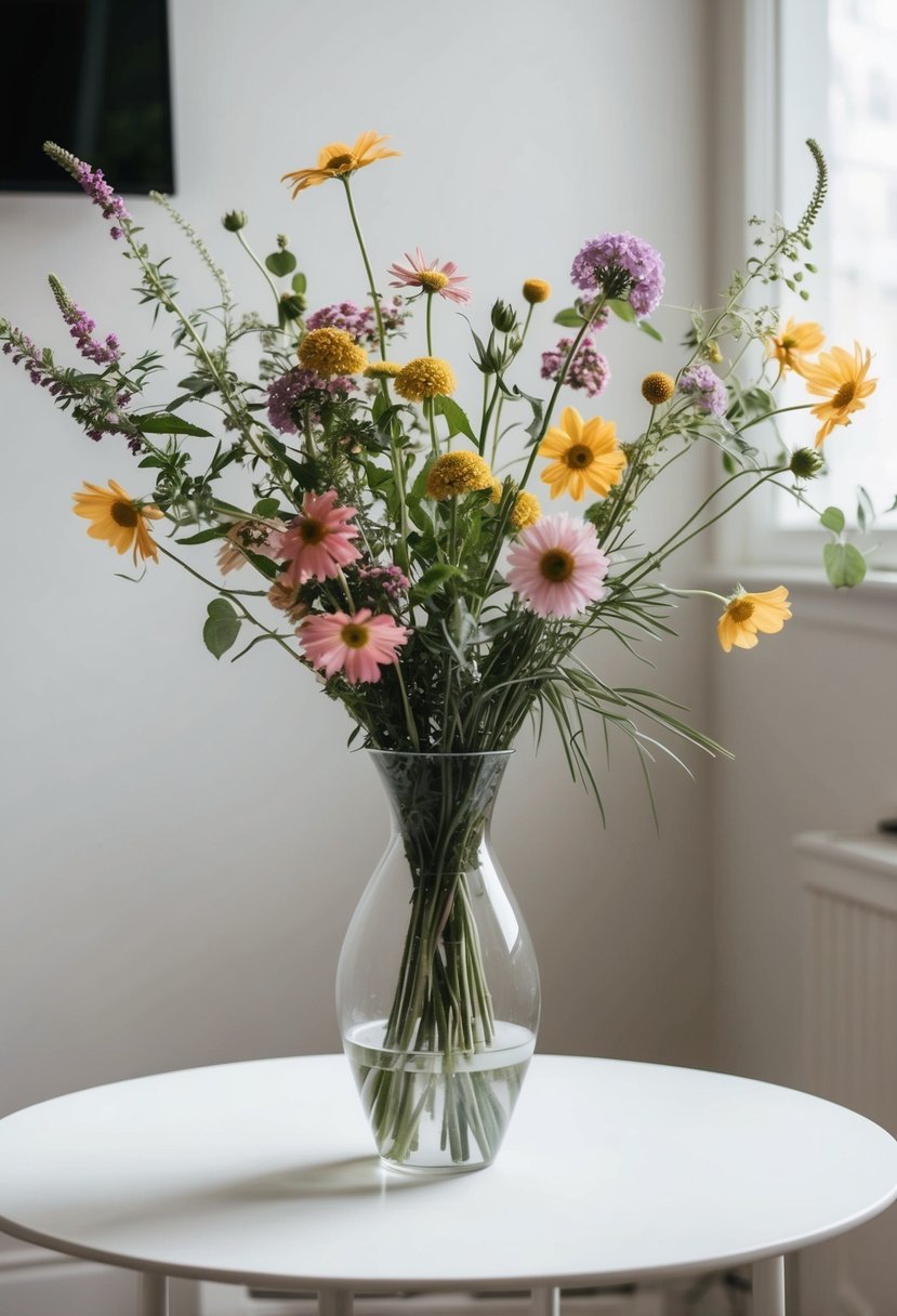 A simple, asymmetrical bouquet of wildflowers in a glass vase on a white table