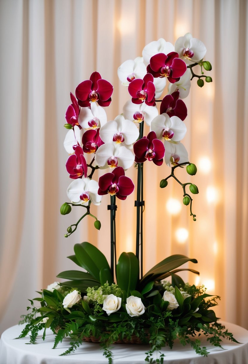 A lush bouquet of red and white orchids, nestled in a bed of green foliage, set against a backdrop of soft, romantic lighting