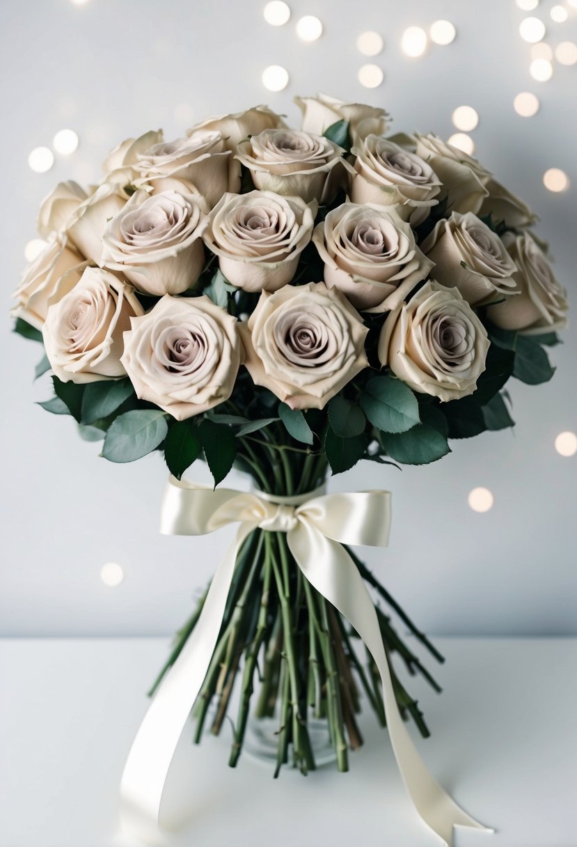 A simple round bouquet of roses in a neutral color palette, tied with a satin ribbon