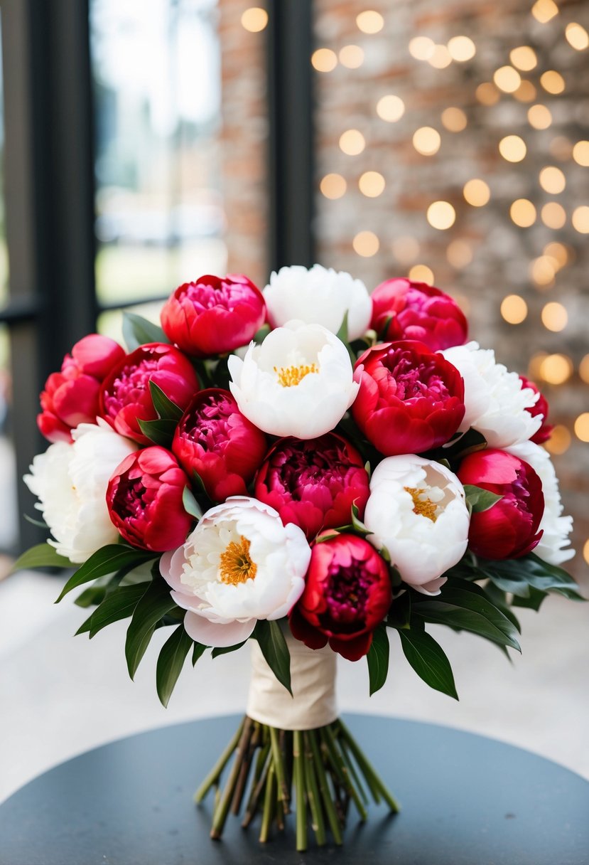 A red and white peony bouquet arranged in a chic and elegant manner for a wedding