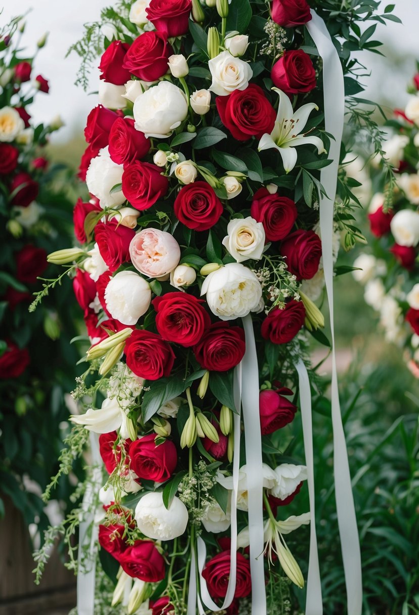 A lush cascade of red and white roses, peonies, and lilies intertwined with delicate greenery and trailing ribbons