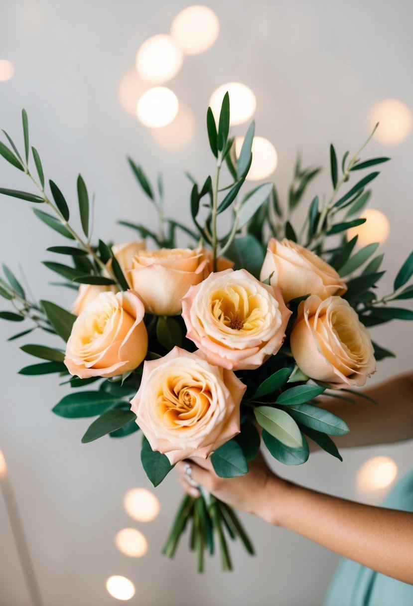 A simple, modern bouquet with peach roses and olive branches