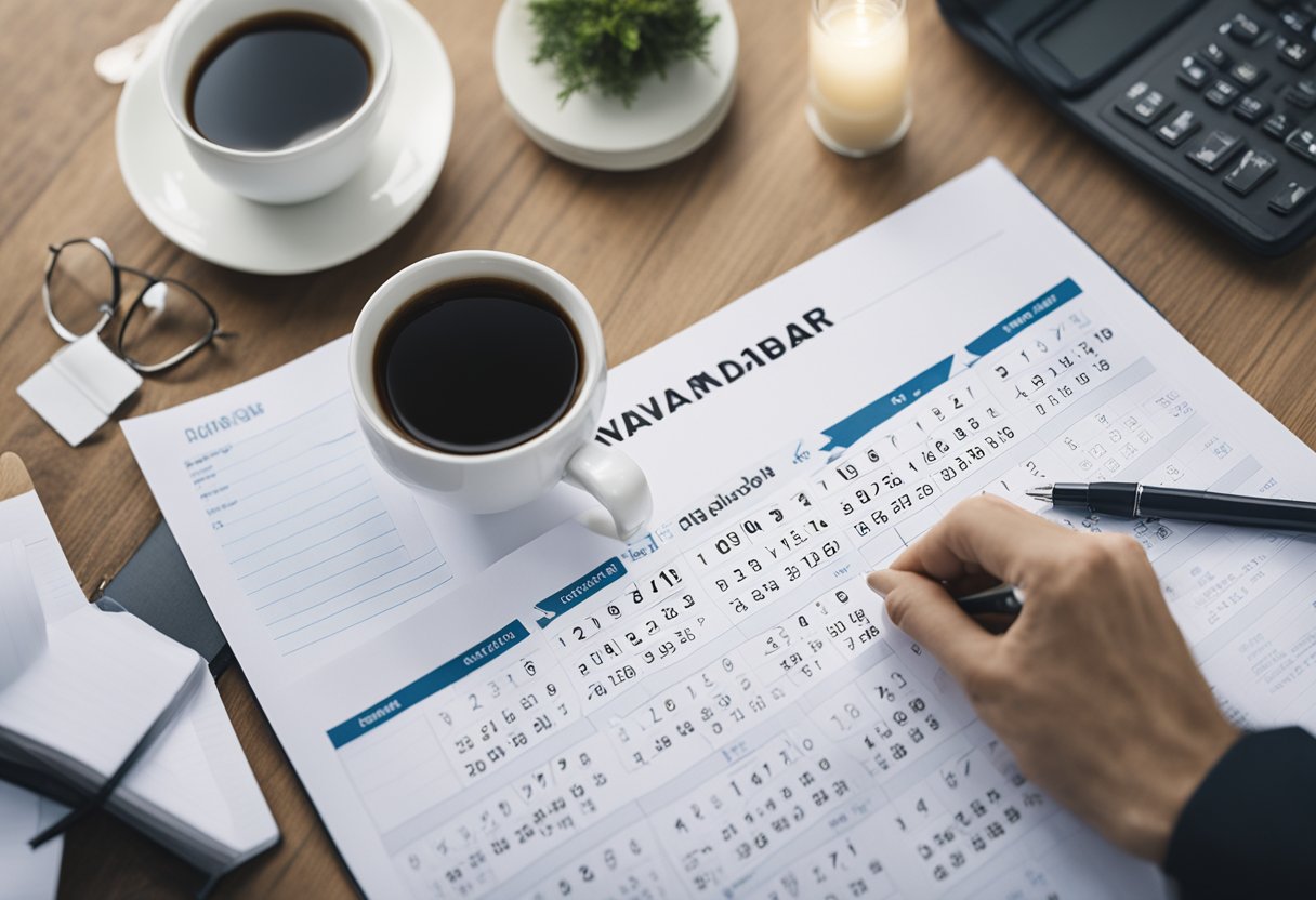 A cluttered desk with a calendar marked with deadlines, a crossed-out to-do list, and a motivational poster. A person's hand reaching for a pen