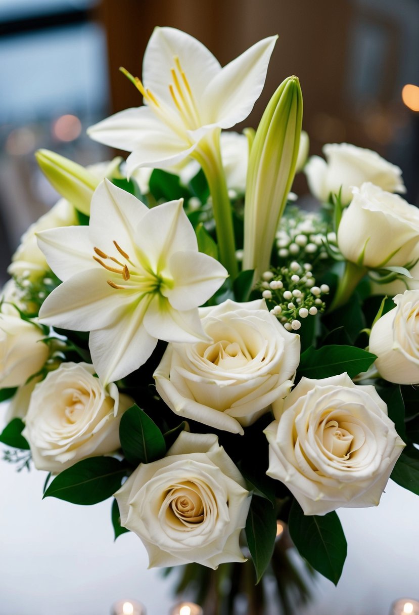 Amaryllis and white roses arranged in a sophisticated wedding bouquet