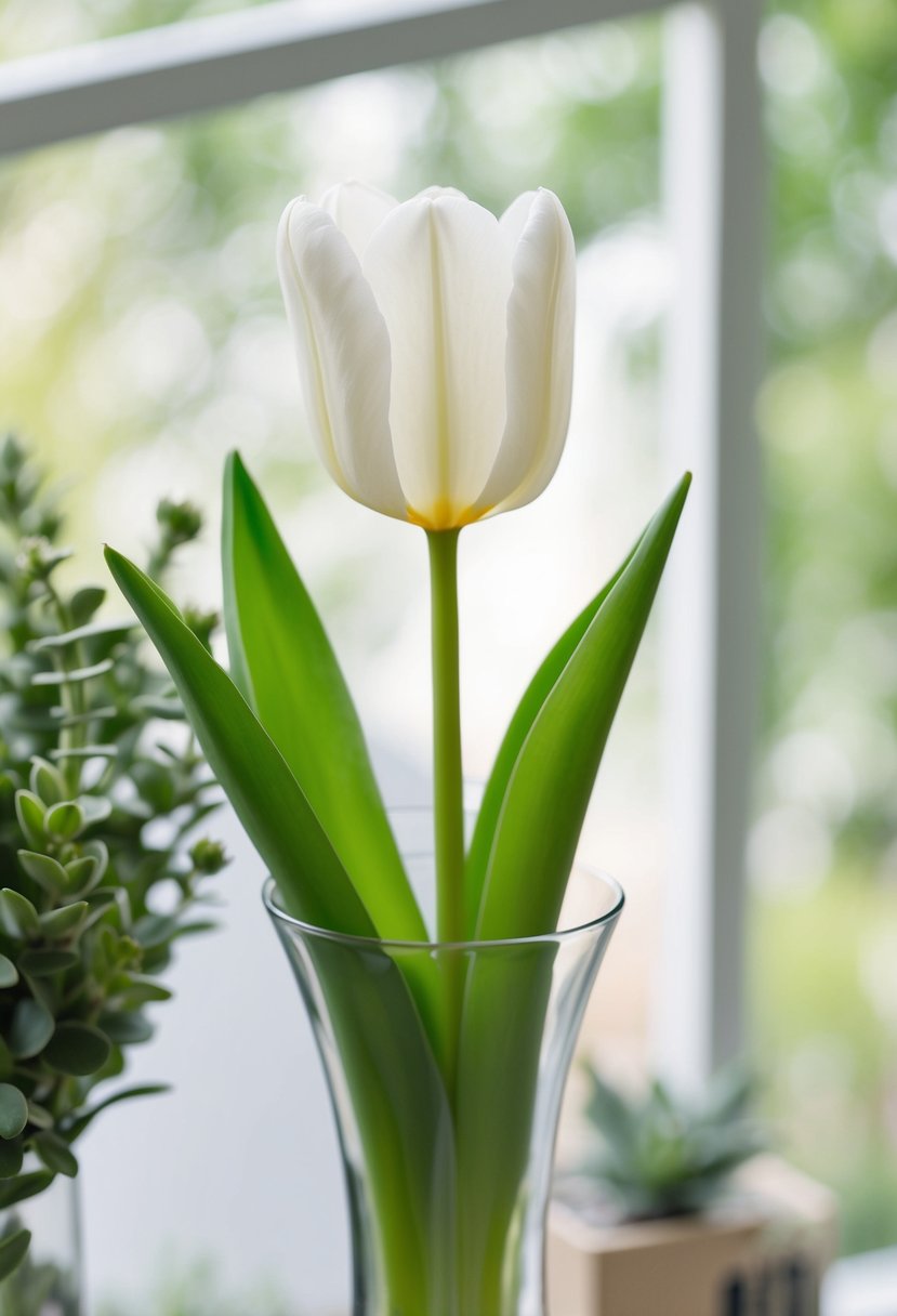 A single white tulip stands tall in a clear glass vase, surrounded by soft greenery