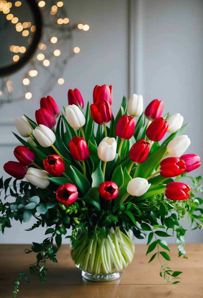 A vibrant bouquet of red and white tulips, arranged in an elegant and exotic blend, with lush green foliage