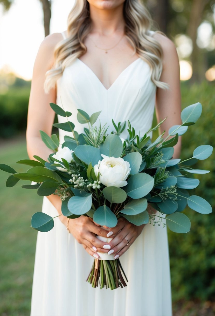 A simple, elegant wedding bouquet featuring eucalyptus and other greenery