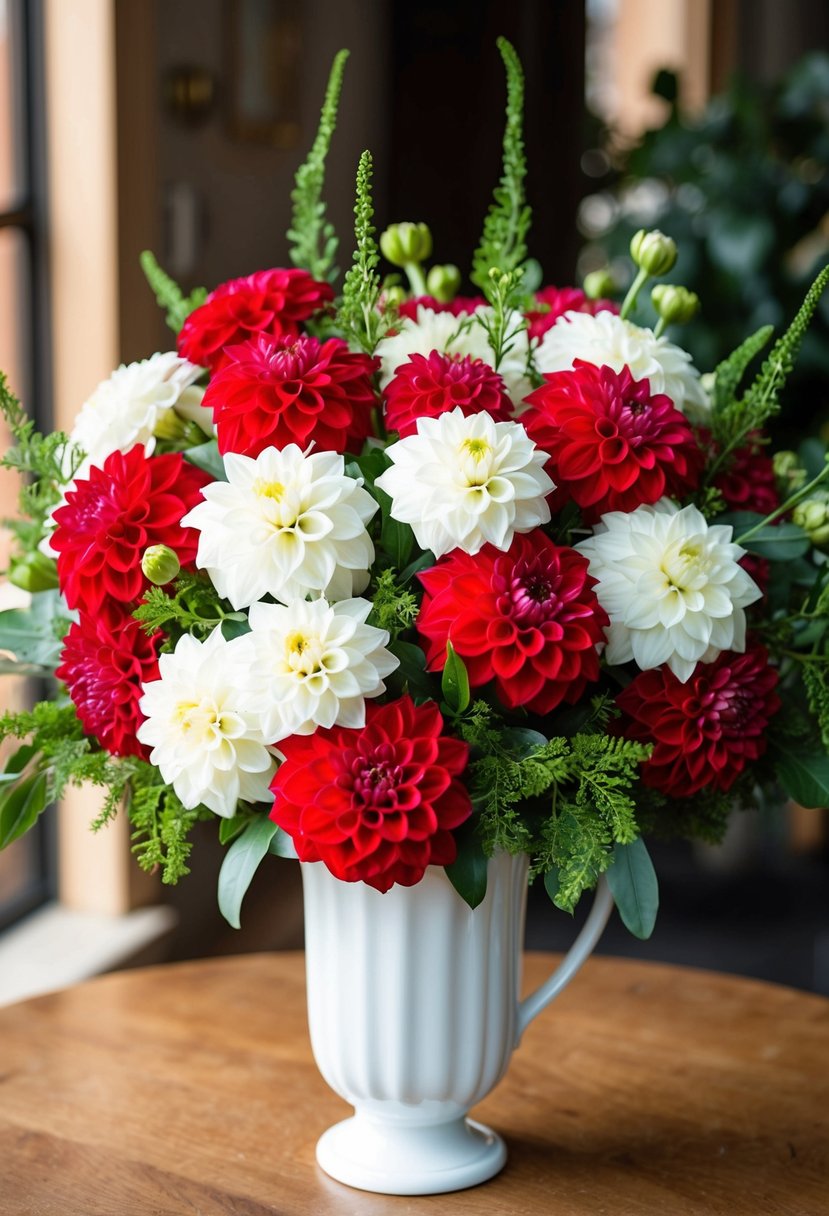 A vibrant red and white Dahlia bouquet with greenery, arranged in a classic white vase