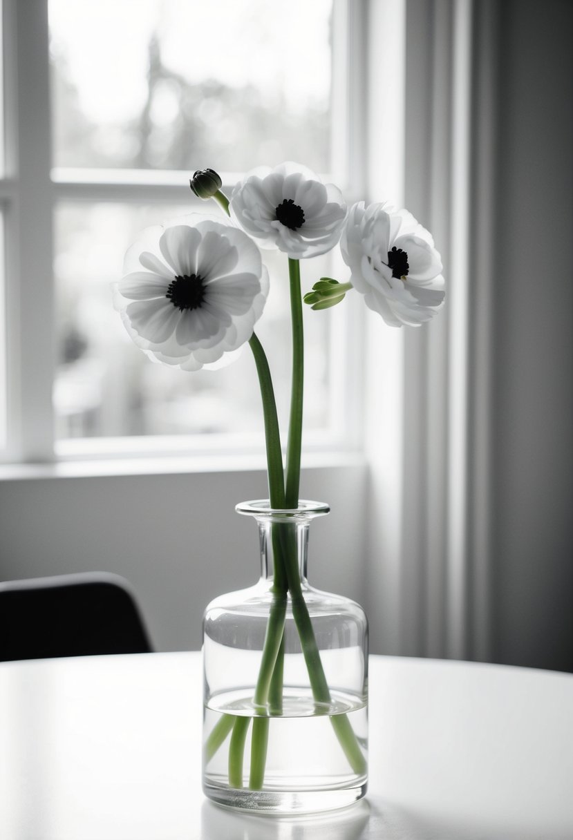 A single stem of monochrome ranunculus in a clear glass vase on a white table