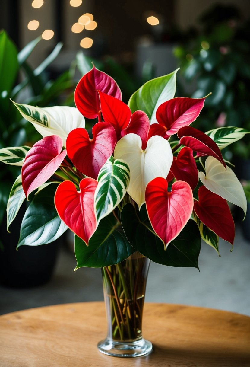 A lush bouquet of red and white anthuriums, accented with green foliage, arranged in a glass vase