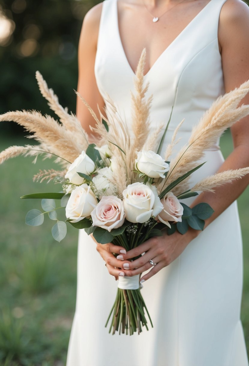 A simple, elegant wedding bouquet with pampas grass and roses